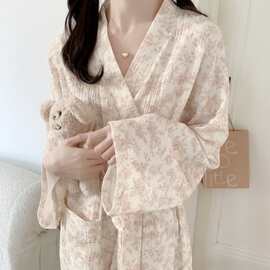 韩国ins女士春秋夏季新品韩系小碎花纱布睡袍浴袍睡裙睡衣家居服