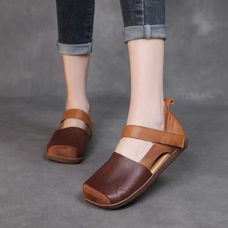 Bolsa retro 2026 zapatillas de verano nuevo velcro de suela suave cabeza cuadrada empalmado color estilo nacional zapatos de moda