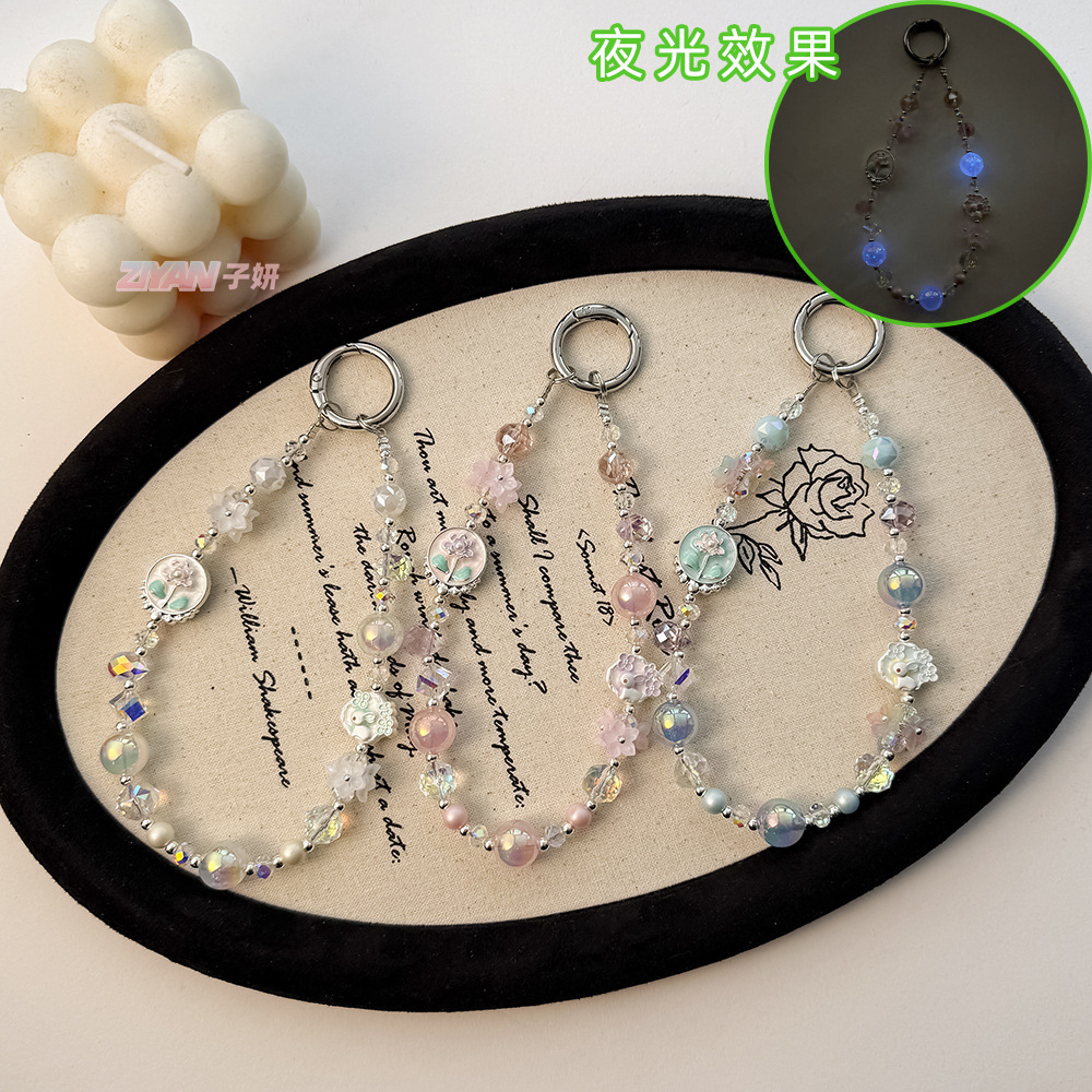 New Chinese Style Alloy Oil Painting Flower Fairy Car Key Chain Crystal Bag Pendant Beaded Mobile Phone Case Pendant