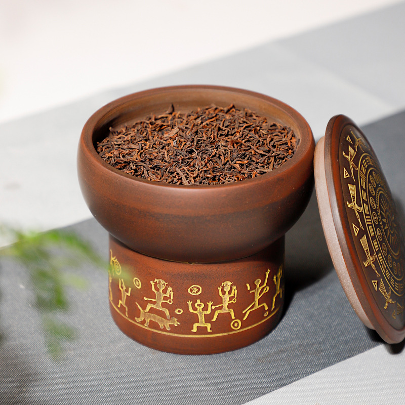 S83V廣西欽州坭興陶茶葉罐銅鼓罐儲茶罐紫陶醒茶罐六堡茶包裝盒空