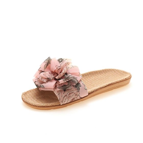 Spring and Summer New Ready-Made Thick-Soled Home Slippers Soft-Soled Indoor Breathable Cotton and Linen Slippers Flower Linen Slippers for Women