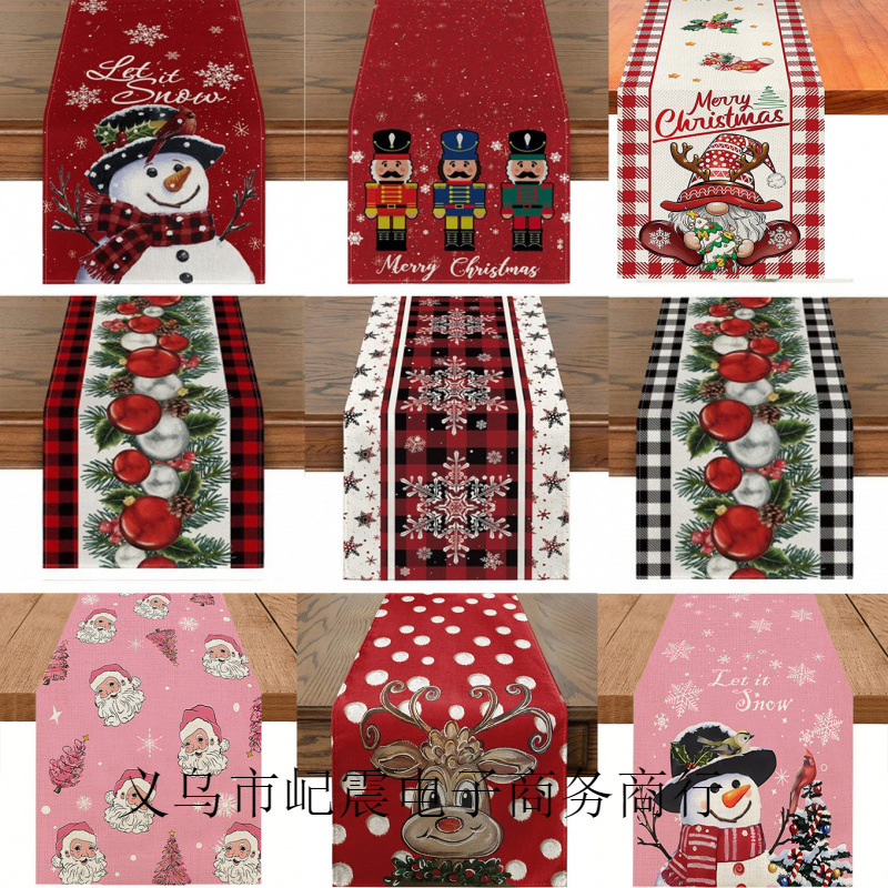 Camino de mesa navideño con estampado de muñeco de nieve y Santa