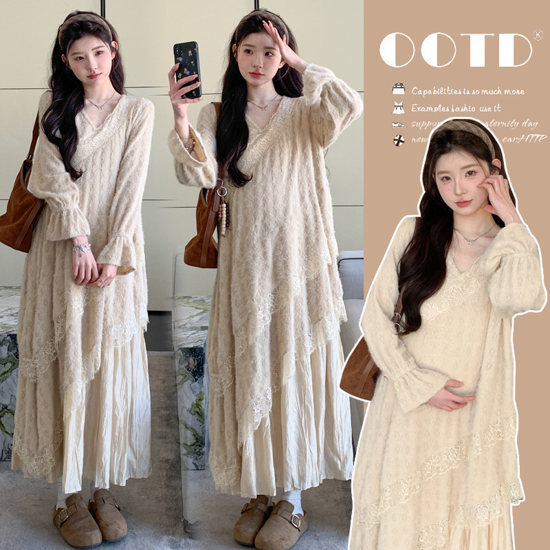 Maternity wear heavy jacquard pleated dress for women, autumn and winter long-sleeve lace long dress with a stylish design Maternity wear heavy jacquard pleated dress for women, autumn and winter long-sleeve lace long dress with a stylish design