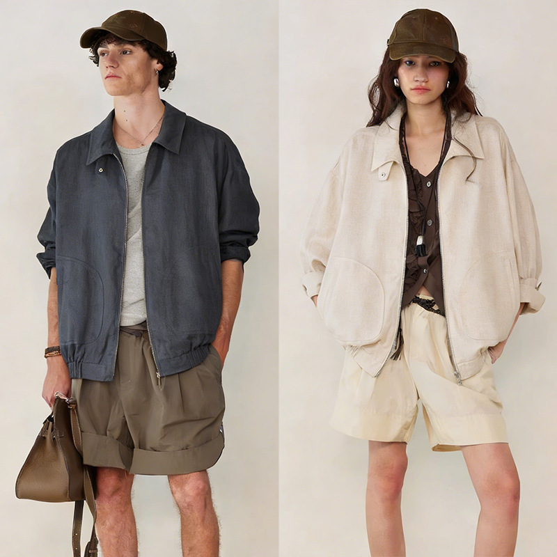 100% Linen Jacket, American Style, Spring, Loose Fit, Stand Collar, Zip-Up, Unisex, Casual, Old Money Style Jacket