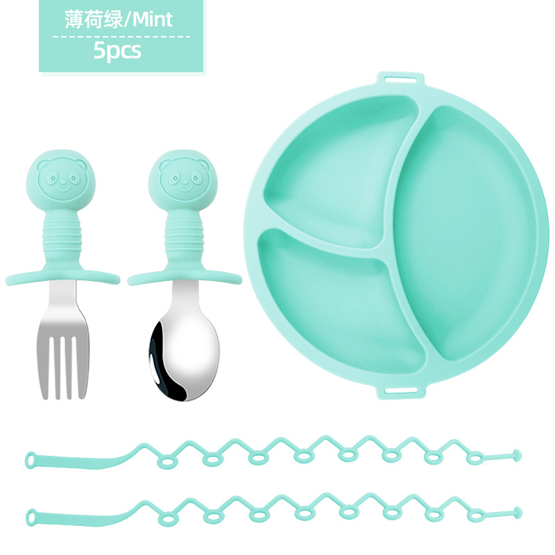 Placa de comedor de cadena anti-pérdida para niños, entrenamiento para bebés, plato de comedor dividido, cuchara de tenedor, suplemento alimenticio de silicona para bebés, cuchara de oso, tenedor