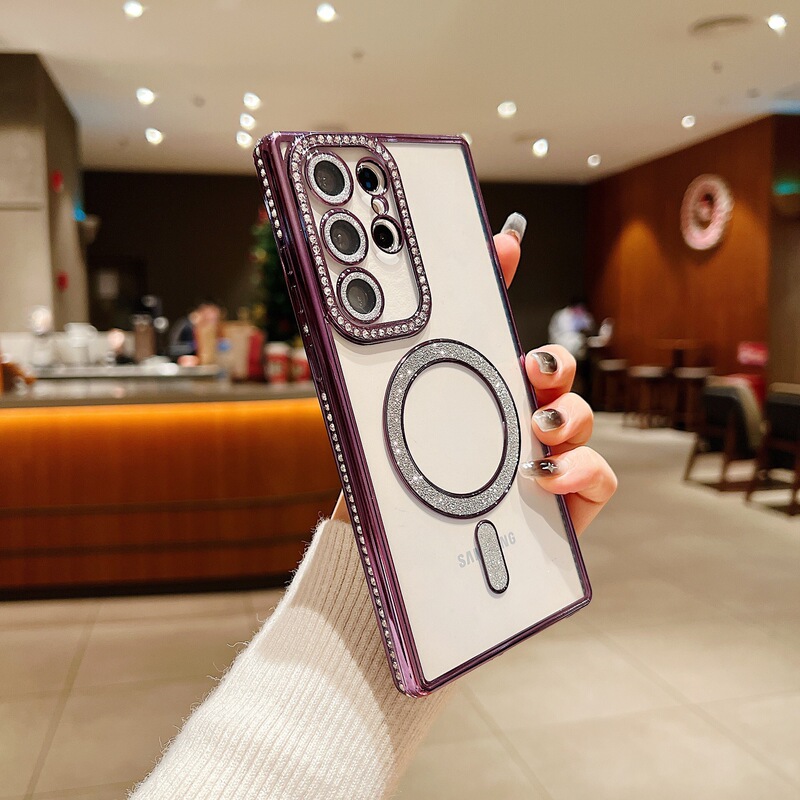 Samsung S24Uitra 透明磁気電話ケース電気メッキ TPU ラインストーン S25PLUS オールインクルーシブソフト保護カバーに適しています。|undefined