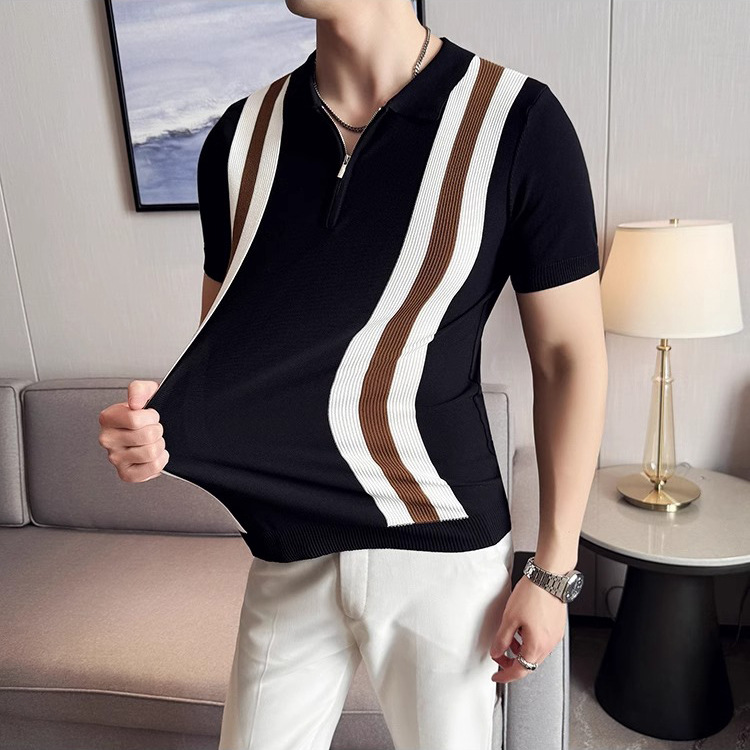 Verano nuevo estilo color a juego suéter de manga corta hombres media cremallera camisa POLO solapa camiseta de negocios comercio exterior transfronterizo al por mayor
