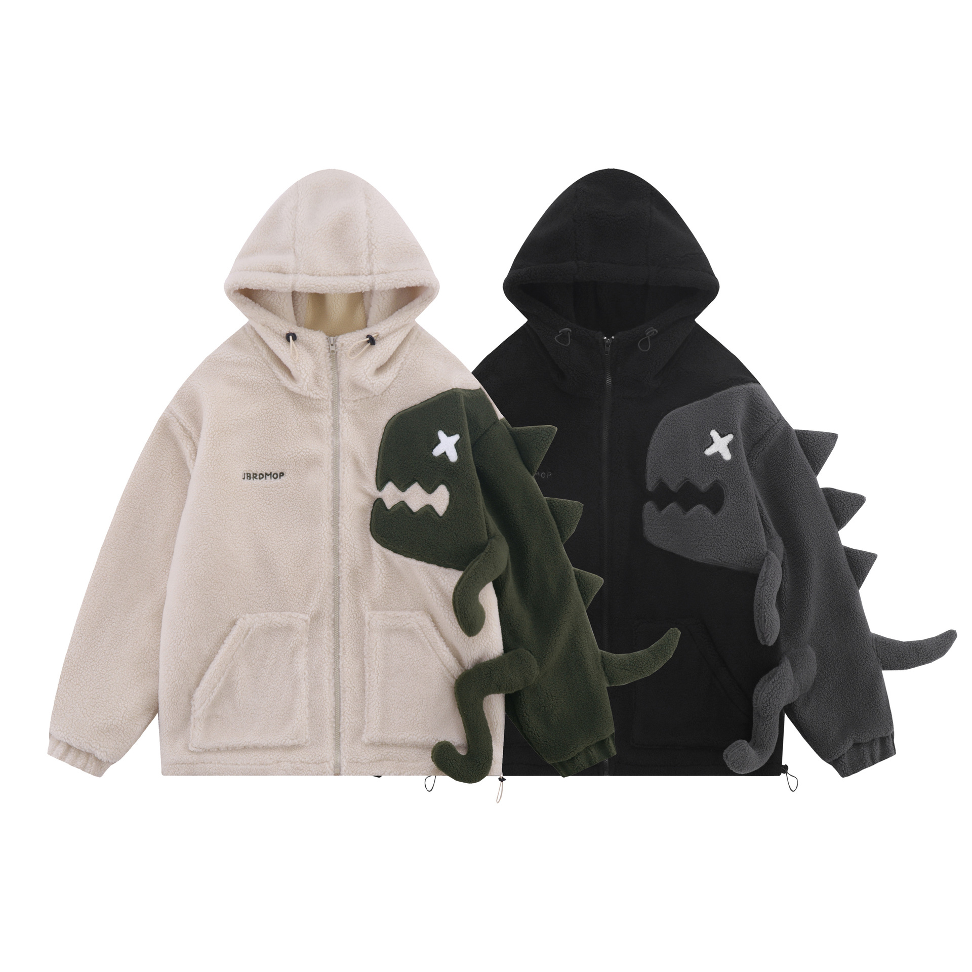 Herrenbekleidung trendiger Retro-Dinosaurier-Lammwolle-Patchwork-Kapuzenmantel aus Baumwolle für Männer und Frauen, lockere, lässige, vielseitige Jacke für den Winter_voghion.com