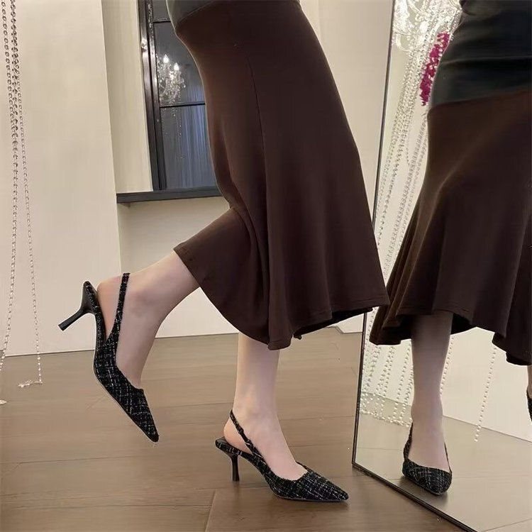 Chanel-Style Thin-Heeled Pointed-Toe Sandals High Heels for Women 2026 Summer Travel Shoes Black Apricot Green Blue Other Colors
