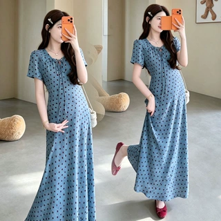 2026夏季新款蓝色【蓝莓点点】显瘦法式收腰斜裁优雅孕妇装连衣裙