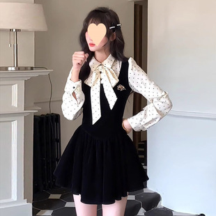 Rich Daughter's Dress, High-End, Small Fragrance Style, Polka-Dot Fake Two-Piece Waist-Cinching Splicing Little Black Dress
