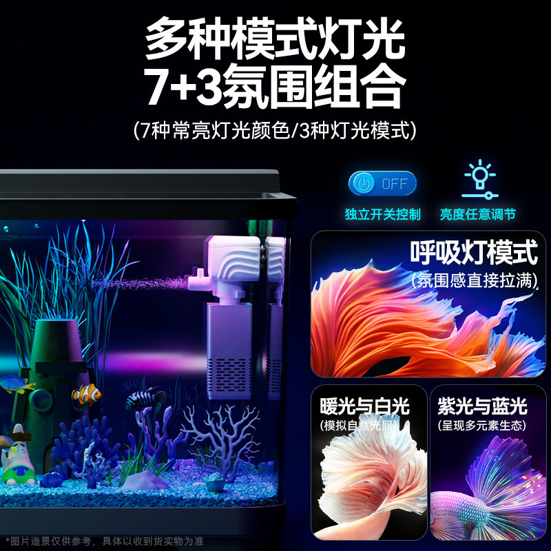 鱼缸带过滤制氧一体卡通生态造景小型客厅家用七色灯桌面观赏鱼缸|undefined