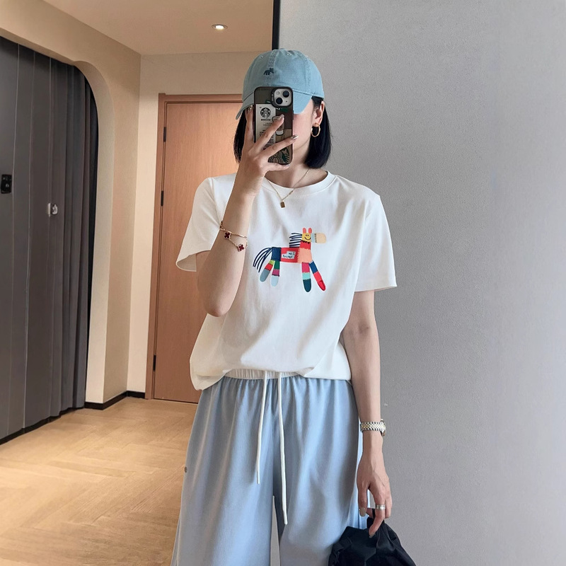 Playful Age-reducing Lazy Soft Cotton Cure Colorful Pony Printing Round Neck Short-sleeved Loose T-shirt Women's 2025 Summer