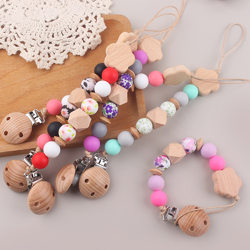 Nueva cadena de chupete de flor de haya de cuentas de silicona de transferencia de agua para bebés cadena de chupete de silicona de haya calmante cadena anti-caída