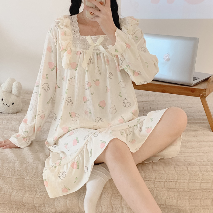 Pijamas de mujer de Primavera de algodón artificial crepé encaje camisón de manga larga ropa para el hogar de las mujeres vestido de una sola pieza de dibujos animados lindo Generación de cabello