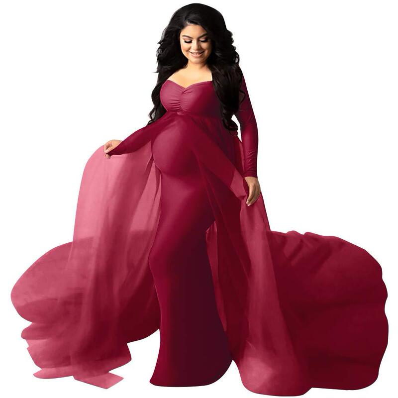 Strapless long-sleeved maternity photography dress, slim fit, fishtail with long train, mesh overlay, for European and American pregnant mothers' photo shoots Strapless long-sleeved maternity photography dress, slim fit, fishtail with long train, mesh overlay, for European and American pregnant mothers' photo shoots