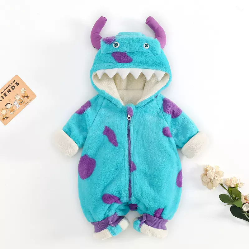 冬季加绒加厚可爱恐龙宝宝毛毛衣0-1岁外出服婴幼儿爬爬服温暖