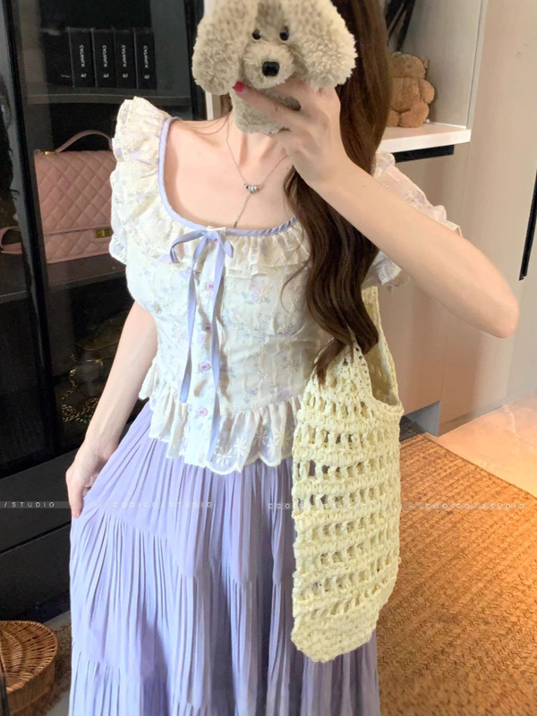 プラスサイズの女性のフレンチフローラル刺繍スクエアネックトップ夏ファットmmパフスリーブシャツツーピーススカートスーツ|undefined