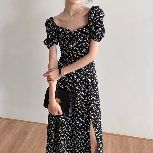French-style first love sweet tea party square neck bubble sleeve fresh and clean floral print dress black temperament long dress for girls and boys summer