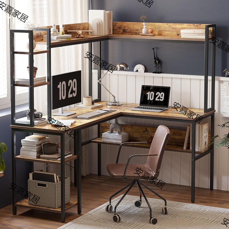 L-shaped desk corner computer desk large family desk with bookshelf and storage shelf L-shaped desk corner computer desk large family desk with bookshelf and storage shelf