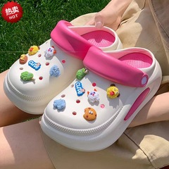 厚底洞洞鞋女款夏季增高防滑2024新款海邊沙灘外穿包頭半拖鞋女士