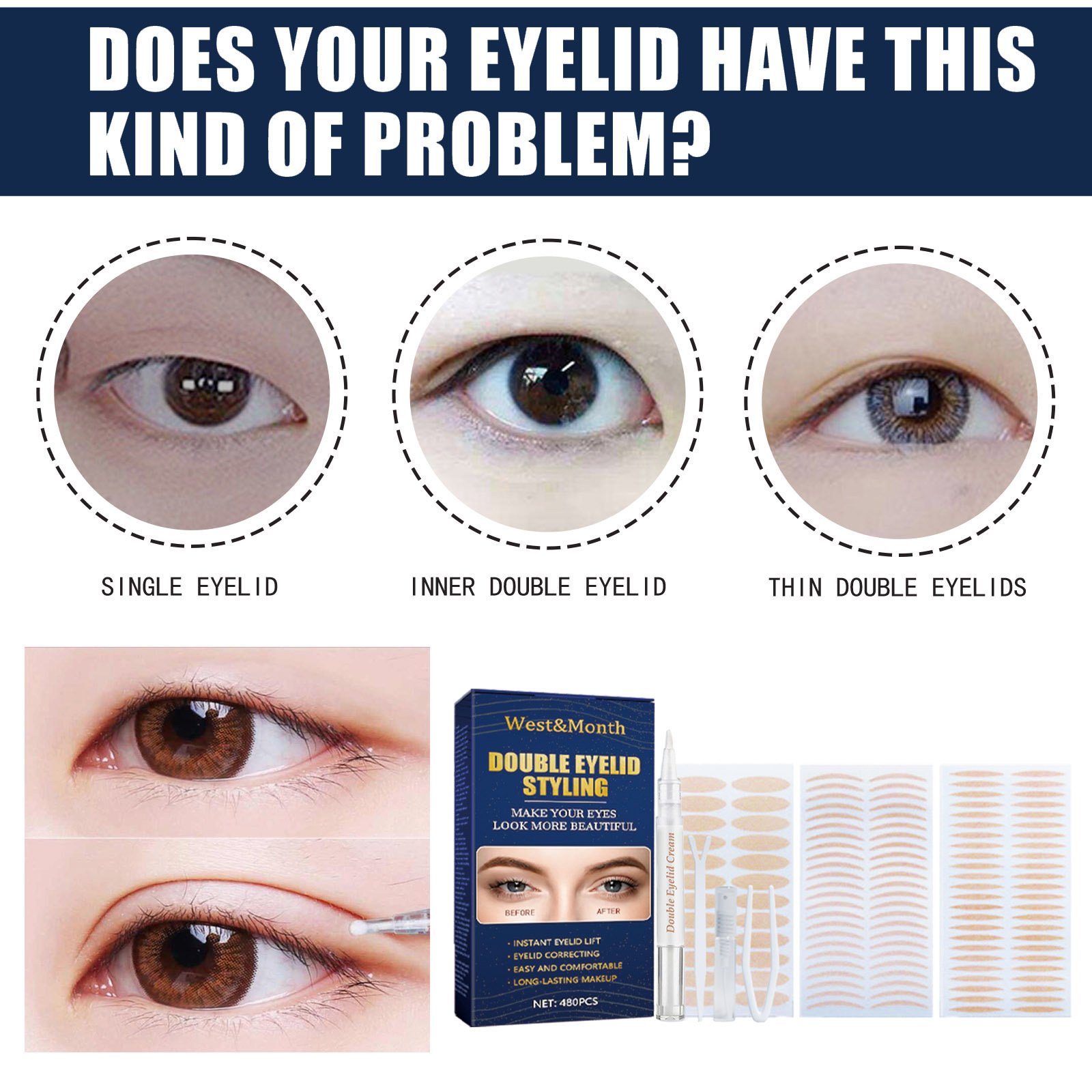 West&Month dobbelt øjenlåg klæber til vandet med det samme, uden nogen synlig eller naturlig hævelse. Øjenboble mes_voghion.com