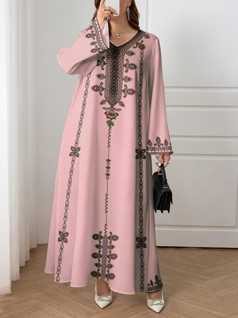 Middle Eastern Cross-border Muslim Women's V-neck Printed Loose Elegant Robe Ethnic Style Long-sleeved Dress Custom-made_ecoleips.com