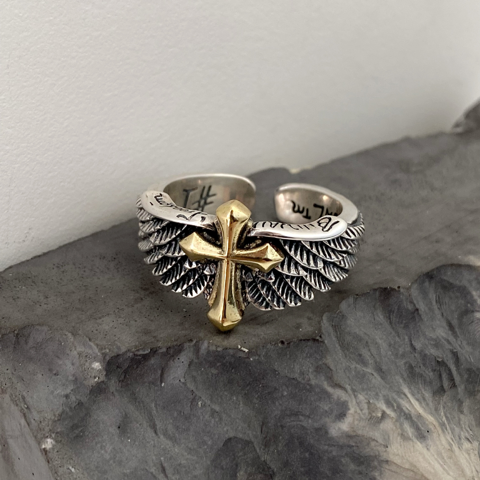 European and American Hot-Selling Thai Silver Wings Cross Graffiti Letter Open Ring Domineering Stylish Hip-Hop Men's Ring Trend
