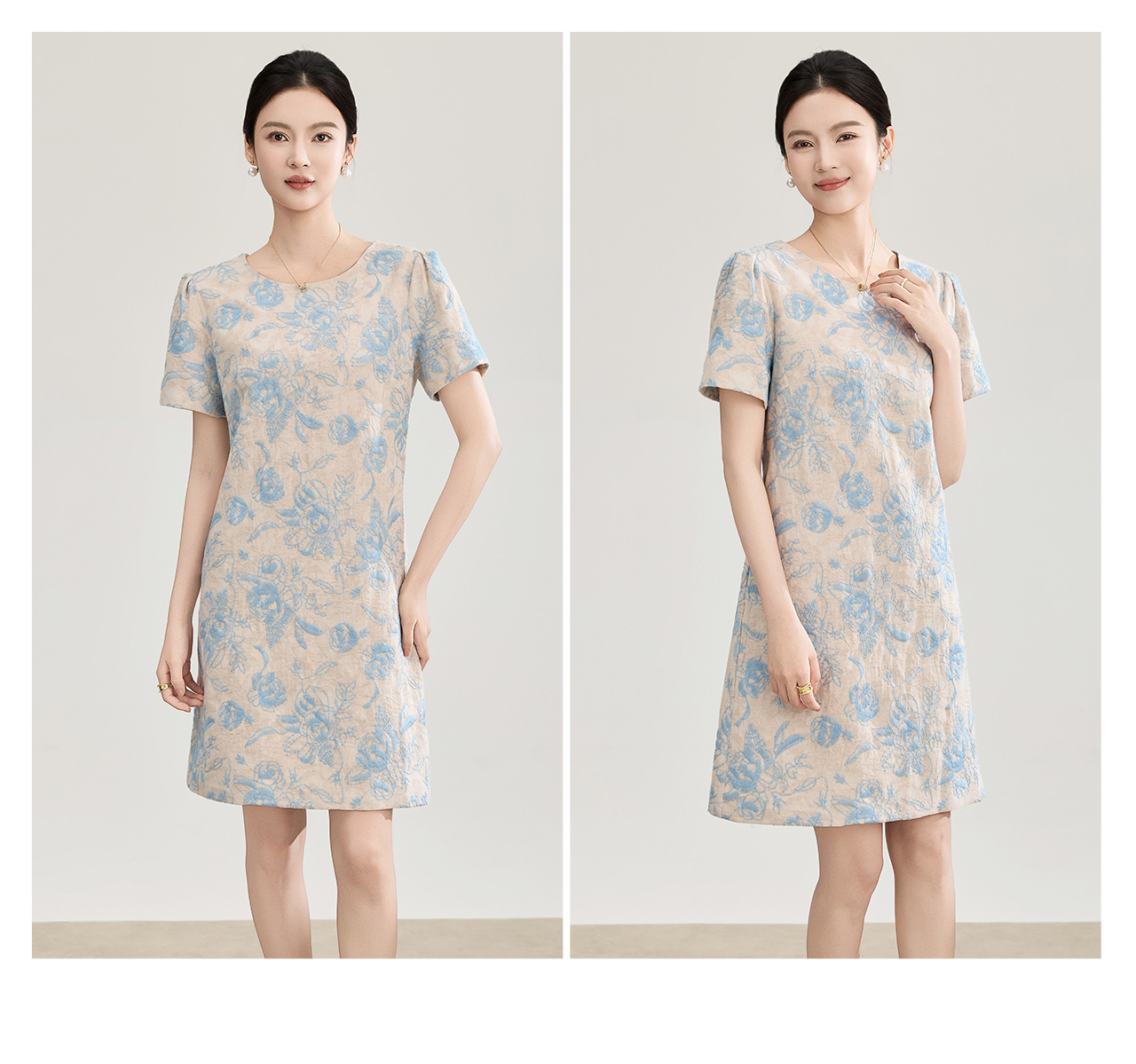 Đầm chữ A thêu jacquard tay ngắn mùa xuân hè — xanh lam chi tiết 20