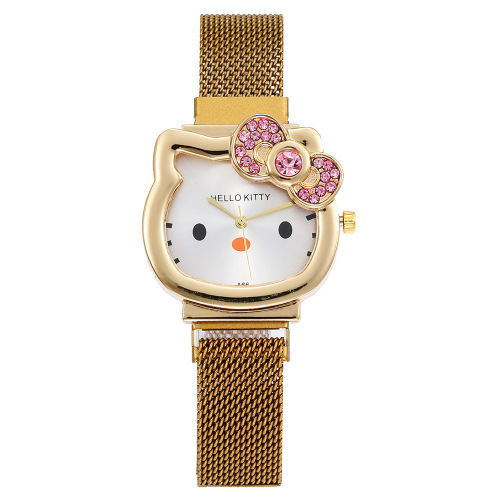 Silver Gold Children's Mesh Watch Student Cartoon KT Cat Girls Quartz Watch Magnet Watch