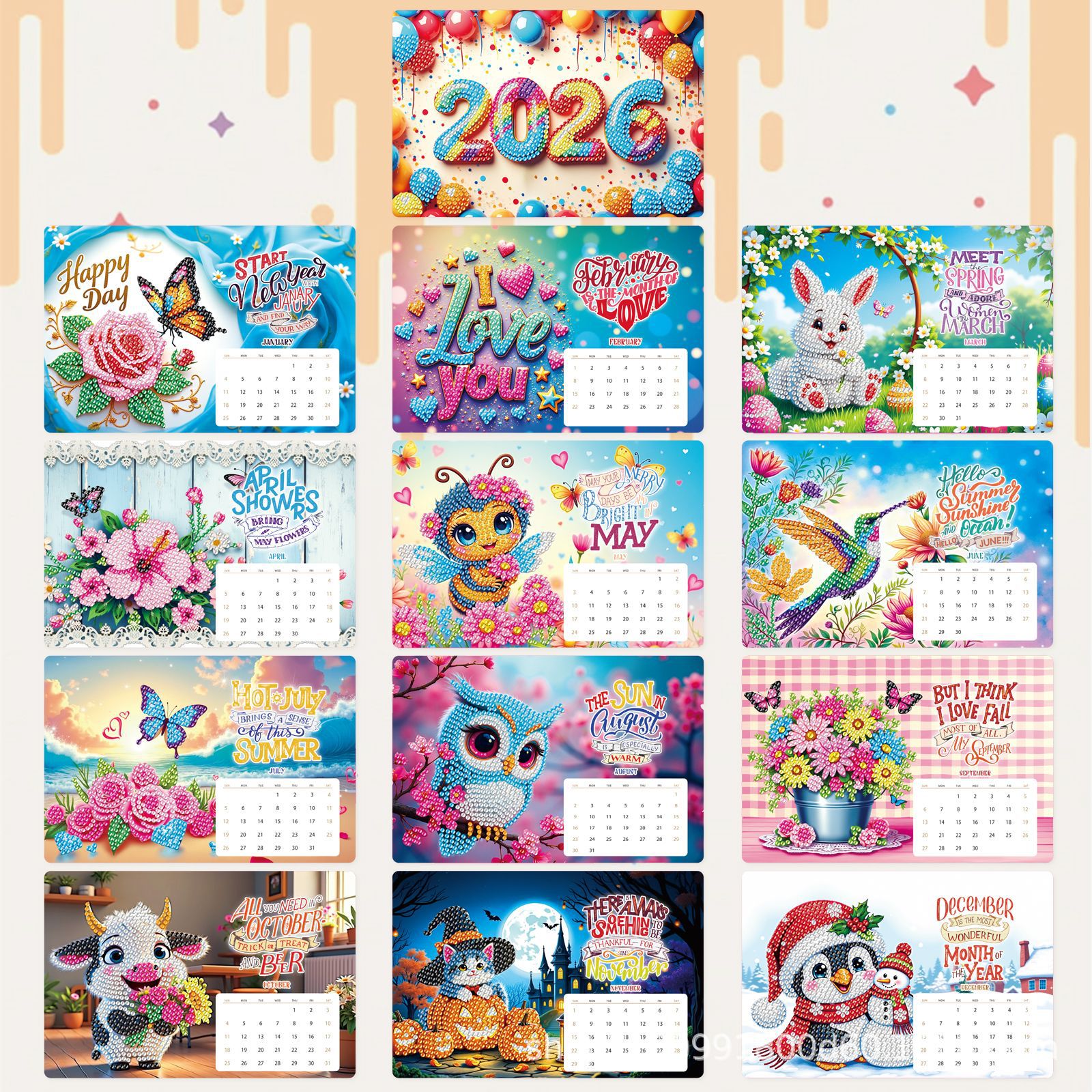 Transfronterizo para 2026 perforación caligrafía y pintura alrededor de 12 páginas kit de calendario de mesa de calendario de diamante hecho a mano venta directa de fábrica spot