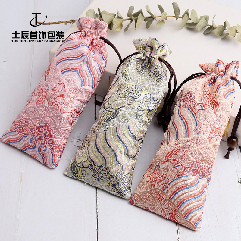 束口抽拉绳首饰包装袋礼品袋锦缎海浪纹梳子袋文玩袋布袋子木珠