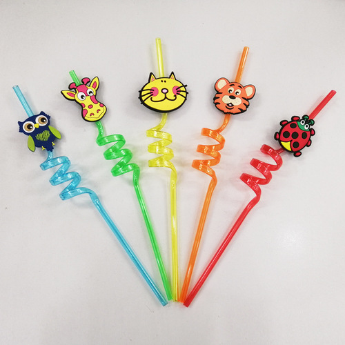 Double children's creative shape straw fruit ice cream animal Christmas PET safe plastic cartoon straw can be customized