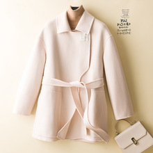 2022秋冬跨境女式双面呢大衣韩版翻领系带羊毛大衣小个子毛呢外套