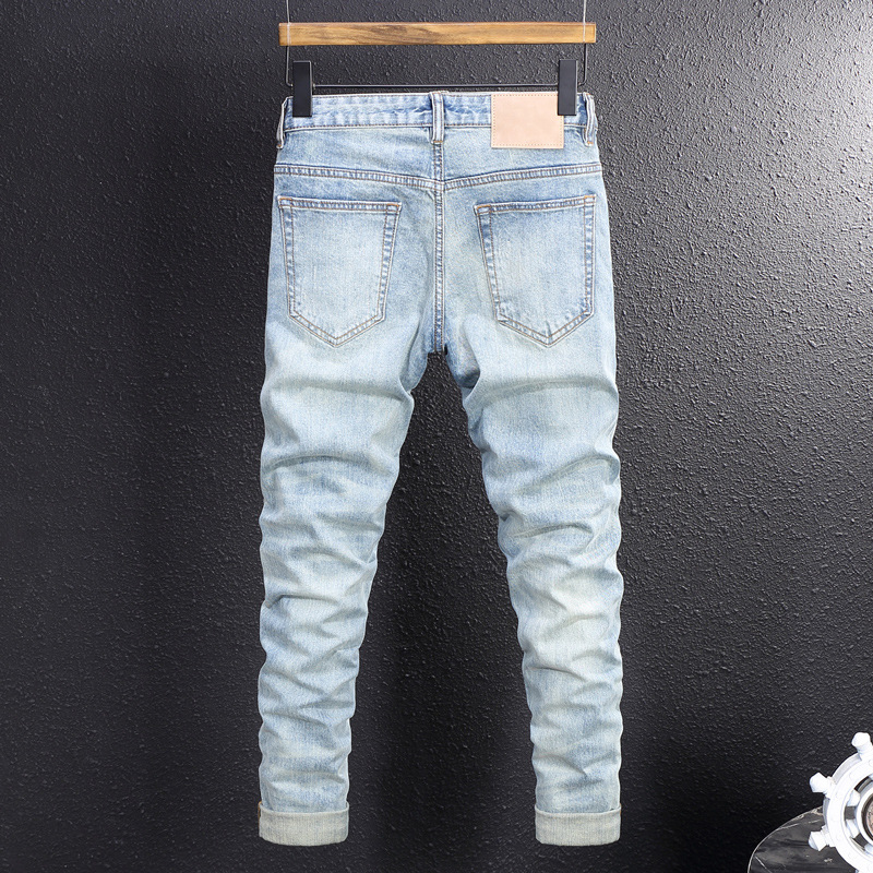 Men's Slim Fit Vintage Washed Blue Jeans Distressed Skinny Denim Pants Faded And Ripped Details Streetwear Style_voghion.com
