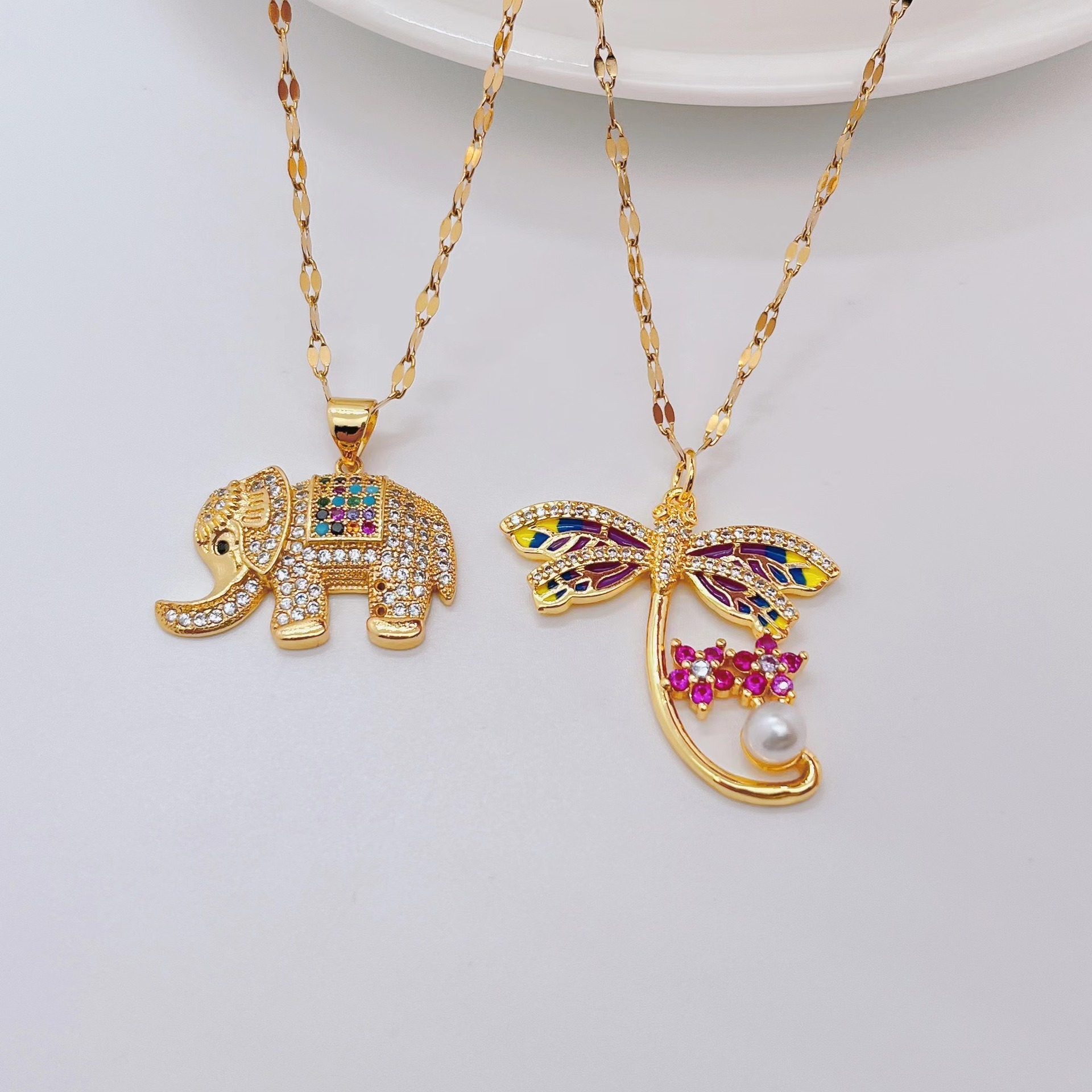 Fashion Dragonfly Elephant Titanium Steel Necklace Inlay Rhinestone Stainless Steel Necklaces