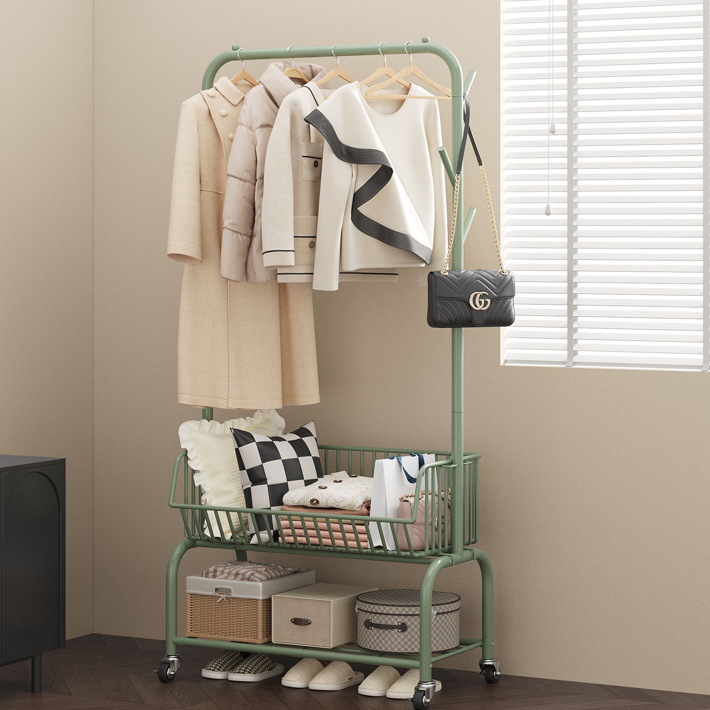 Italian Cream-Style Clothes Drying Rack with Wheels, Floor-Standing Household Clothes Rack, Bedroom Overnight Clothes Storage Rack