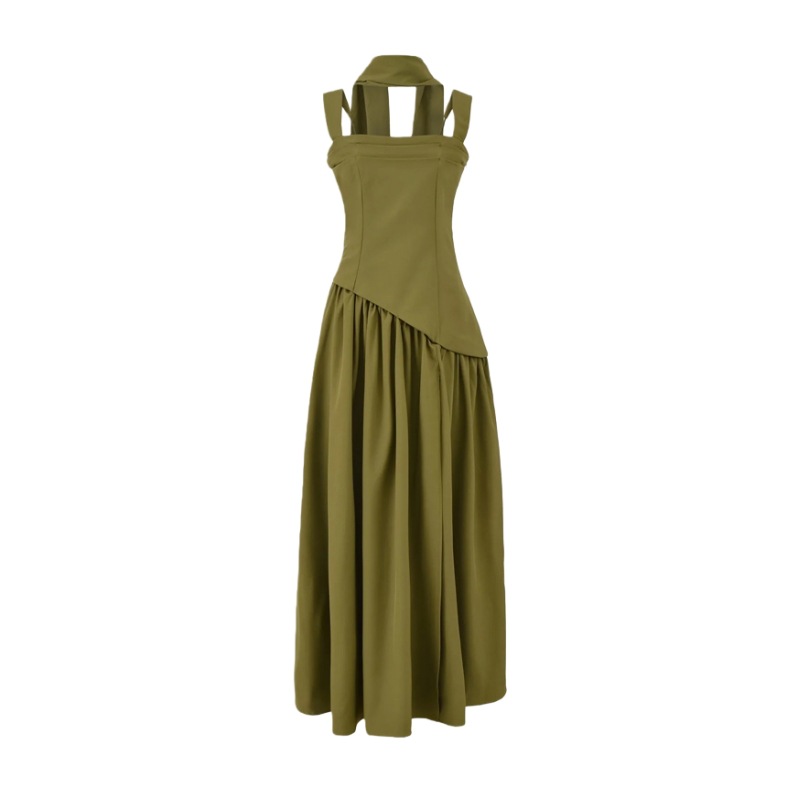 European American Style Scarf-strap Dress For Women, With A Stylish Sexy High Slit, Waist-cinching, Pleated, And Long_ecoleips.com