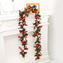 跨境新款圣诞红果藤条圣诞节装饰仿真藤条圣诞叶仿真藤曼气氛布置