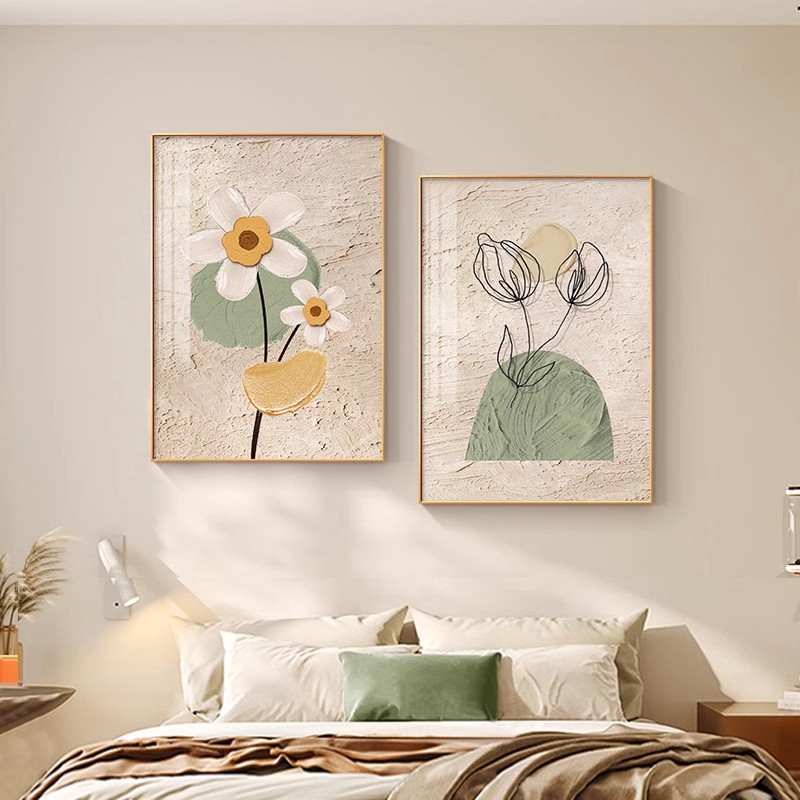 臥室床頭掛畫抽象花卉主臥房間背景牆面裝飾畫現代奶油風客廳壁畫