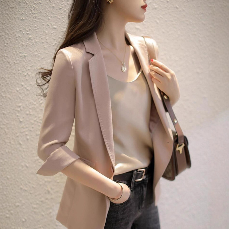 High-end Light Luxury Champagne Color Silk Suit Jacket Women's Slimming Casual Light Mature Workplace Seven-point Sleeve Small Suit Jacket