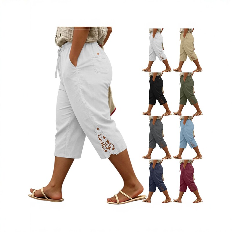 Summer new plus-size women's cropped pants, cotton-linen loose casual pants with drawstring waistband and embroidered lace wide-leg design Summer new plus-size women's cropped pants, cotton-linen loose casual pants with drawstring waistband and embroidered lace wide-leg design