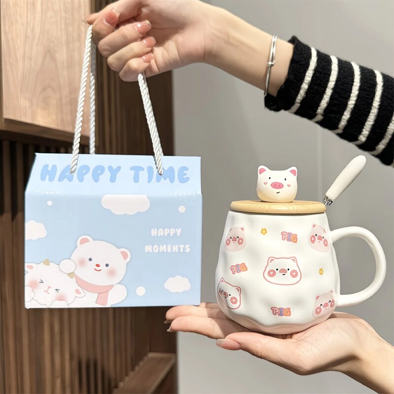 Internet Celebrity Japanese ins Piggy Couple Cartoon Ceramic Mug with Lid Spoon Cute Girly Heart Coffee Water Cup