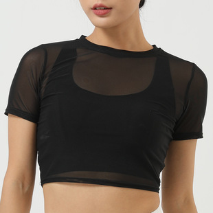 Mesh Base Shirt Stretch Tight Ultra-thin Perspective Short-sleeved T-shirt Women's Outer Wearing Sports Fitness Pullover Plus Size