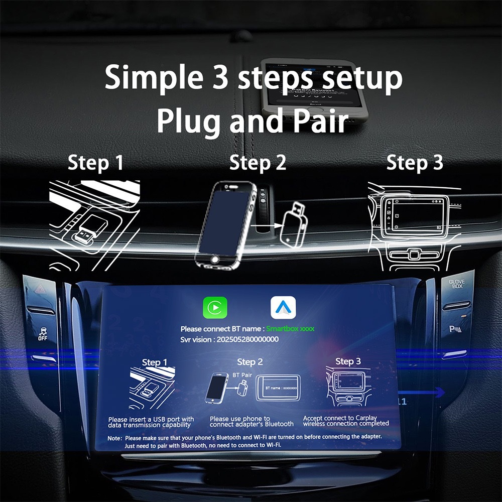 Wireless Carplay box, short plug-in type, converts original car wired system to wireless Carplay for Apple and Android Auto