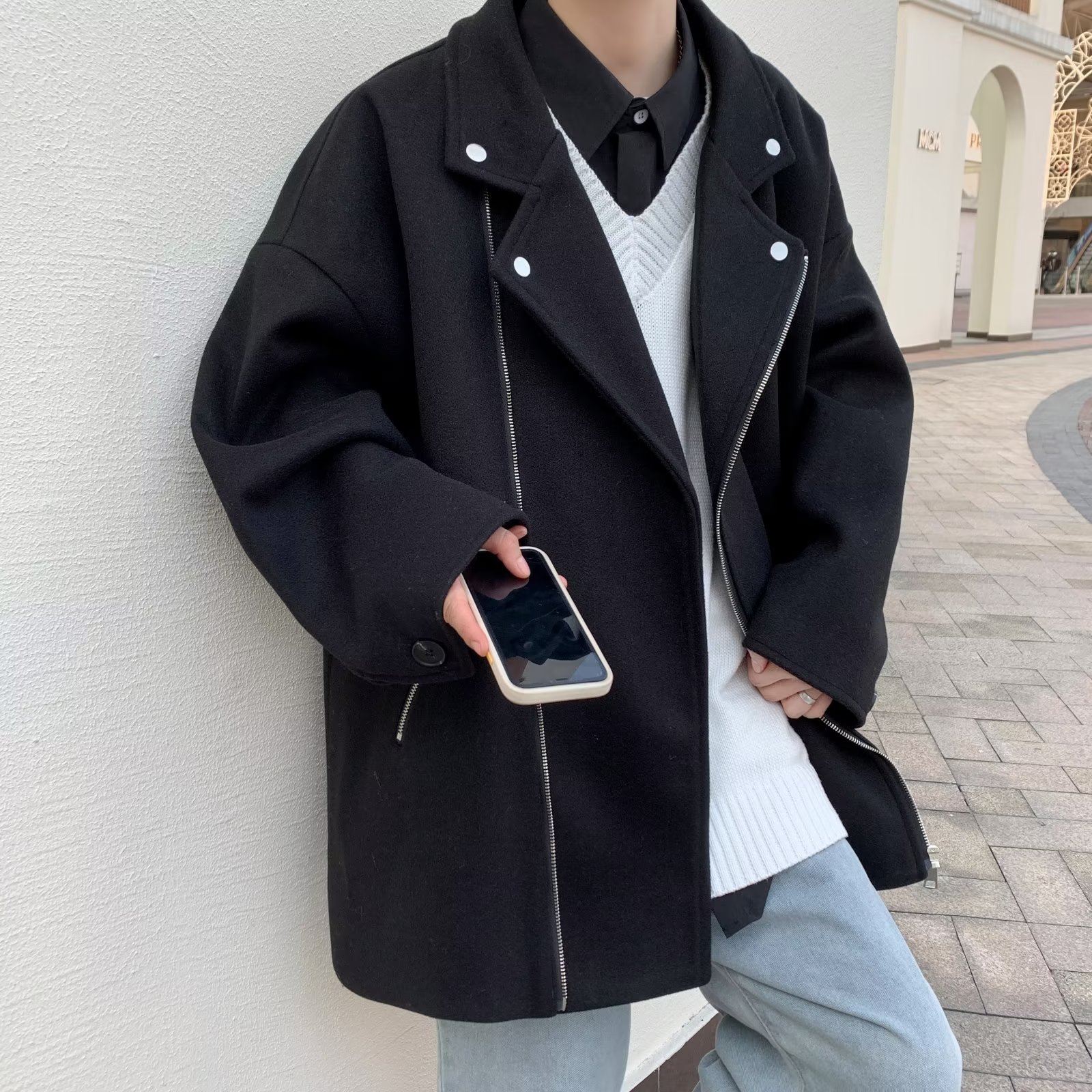 Acha y Agu abrigo de lana con bolsillo azul para hombres tendencia de invierno nueva pareja chaqueta de lana suelta