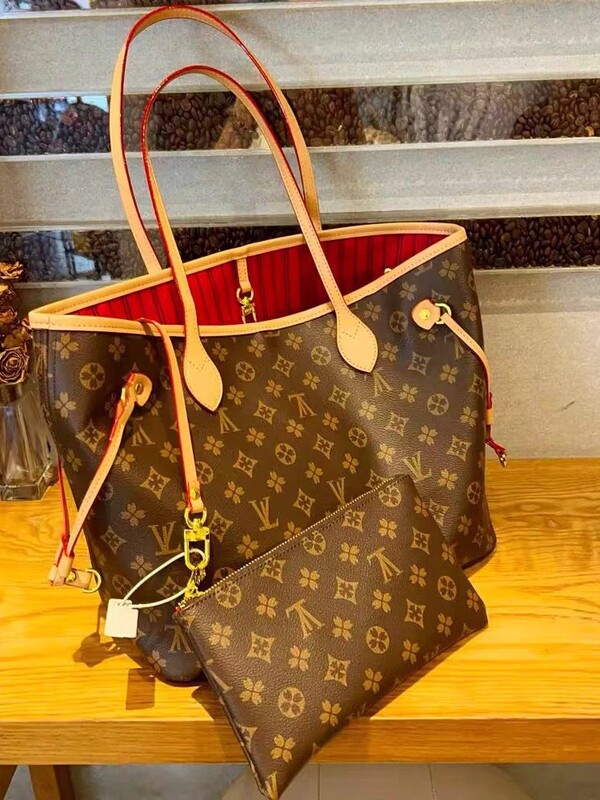 Actual Product with Label L Chip 2025 New Neverfull Genuine Leather V Tote Shoulder Hand-Held Printed Bag