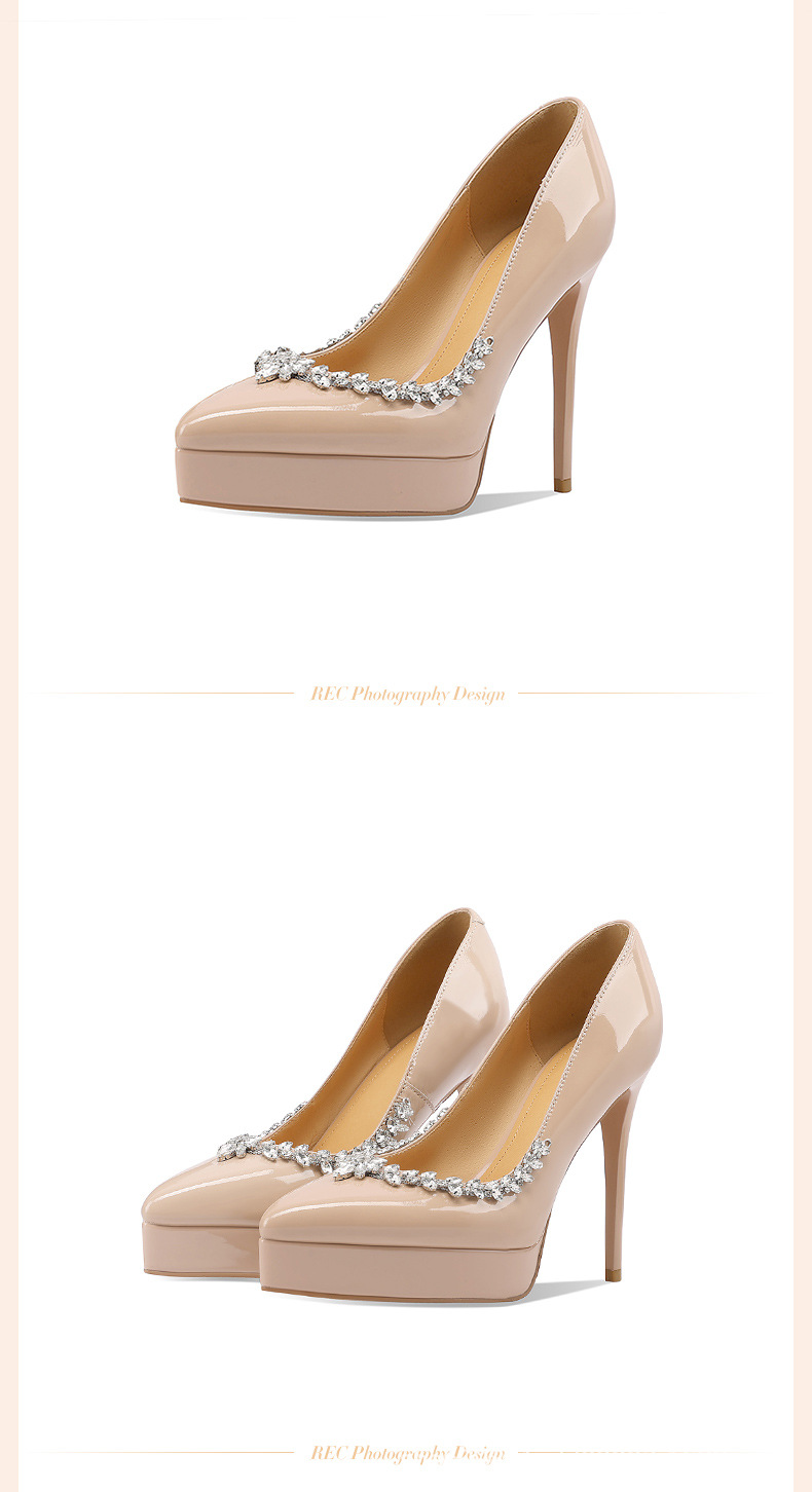 Giày cao gót nữ mũi nhọn da thật, gót siêu cao 14 cm, đế platform, đính đá rhinestone — Màu nude 10cm chi tiết 3