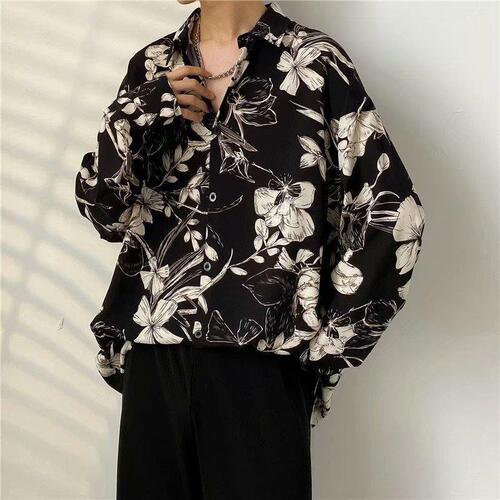 Floral Shirt Men Long Sleeve Spring and Autumn Season High-End Korean Style Trendy Instagram Cool and Edgy Niche Hong Kong Style Retro Shirt Jacket