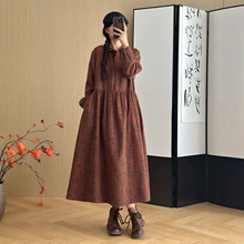 2025秋冬新款文艺复古碎花长裙棉麻宽松小翻领连衣裙女休闲长裙女